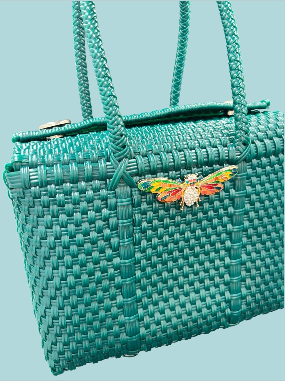 Emerald Green Woven Basket Handbag with Colorful Moth Accent - Picture 4 of 8